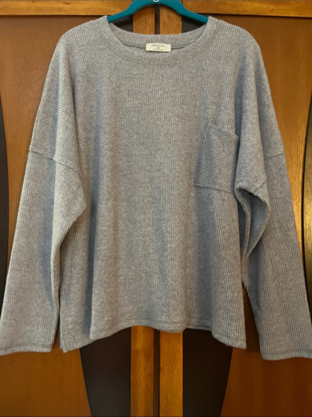 ZENANA Soft Heather Grey Ribbed Sweater w/Dropped Shoulders & Crew Neckline